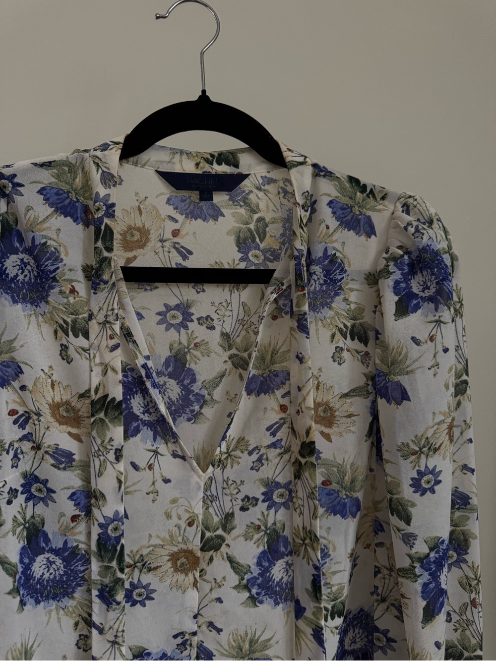 RACHEL Rachel Roy White Floral Tie-Neck Blouse with Purple and Tan Flowers - Picture 2 of 5